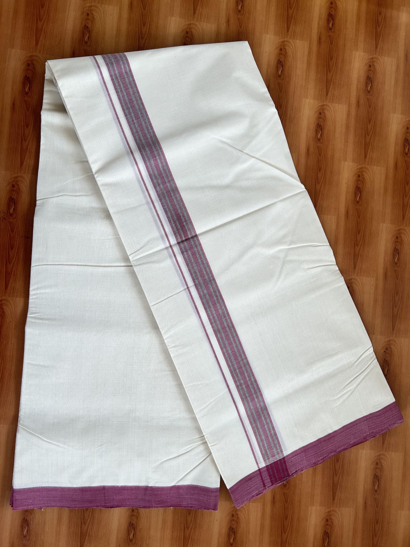 Double Off White (Unbleached) Mundu/Dhoti- 25% Discount! KaithariKada Handloom Millpaav - Kerala Handloom - Cotton - 80x90 - 1.25 inch Green & Light Maroon Shaded Striped Kara 4.50 meter (10 Muzham) -21 KK5396 RAM