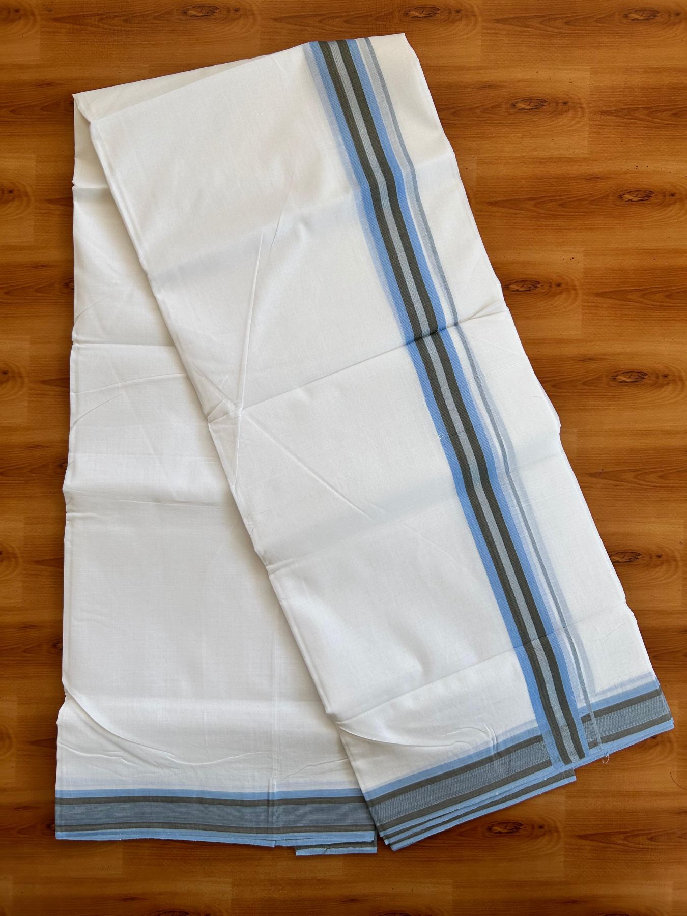 Double Pure White 25% Discount ! KaithariKada Handloom Unakkupaav - Kerala Handloom - 100% Pure Cotton - 100x90 - 1.5 Inch Silver Kasav Light Blue & Grey Striped Kara 3.90 mtr (8.36 Muzham) - 18 KK5496 YAR