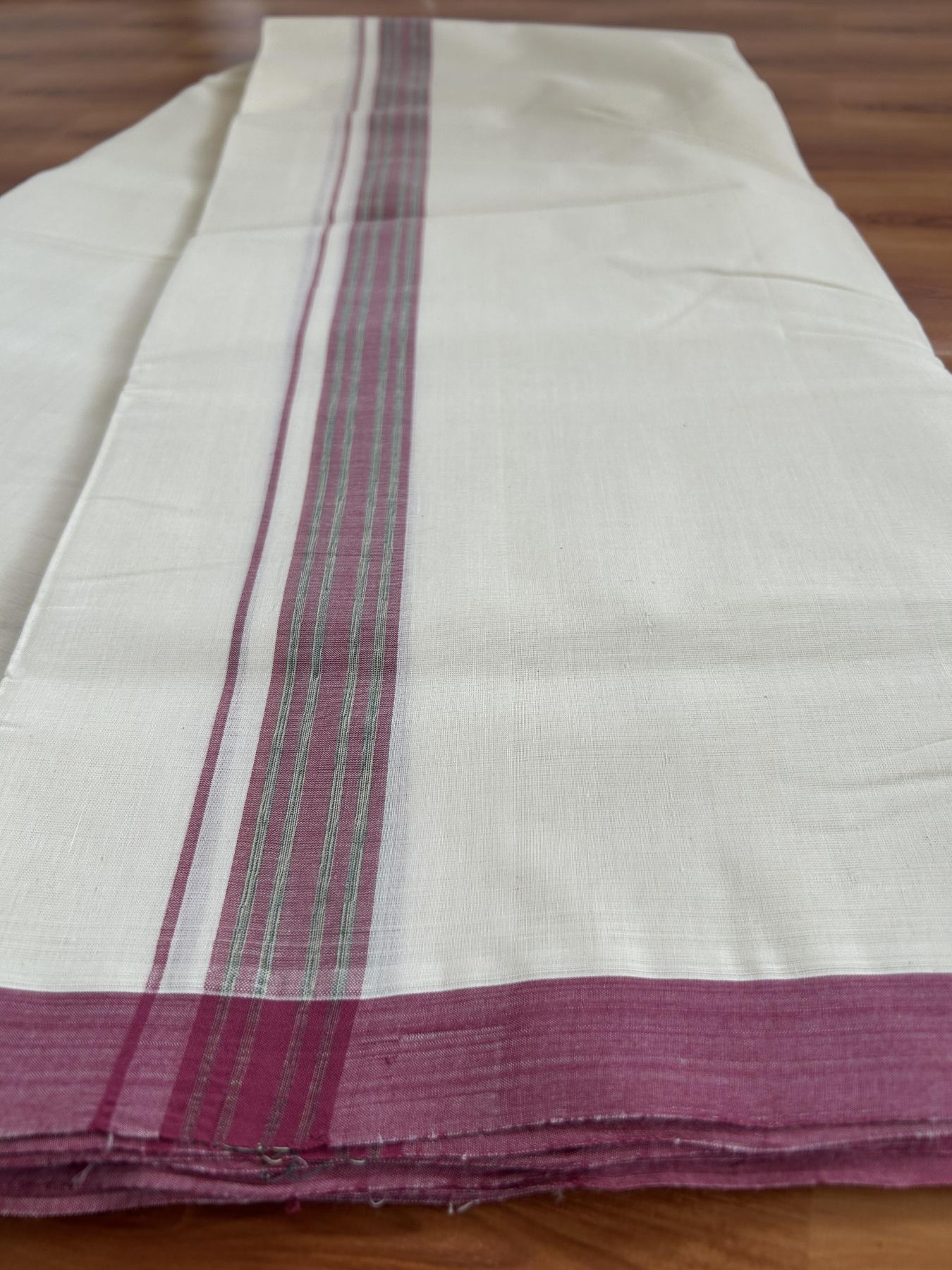 Double Off White (Unbleached) Mundu/Dhoti- 25% Discount! KaithariKada Handloom Millpaav - Kerala Handloom - Cotton - 80x90 - 1.25 inch Green & Light Maroon Shaded Striped Kara 4.50 meter (10 Muzham) -21 KK5396 RAM