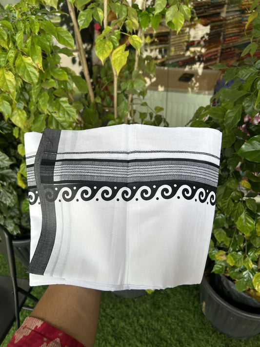 20% Discount ! KaithariKada Balaramapuram Cotton Double Pure white Mundu/Dhoti- 80s - 2.5 inch Dark Black Printed Shade Stripes Design Kara - 3.65 mtr (8 muzham) - 44 KK5329 GAN