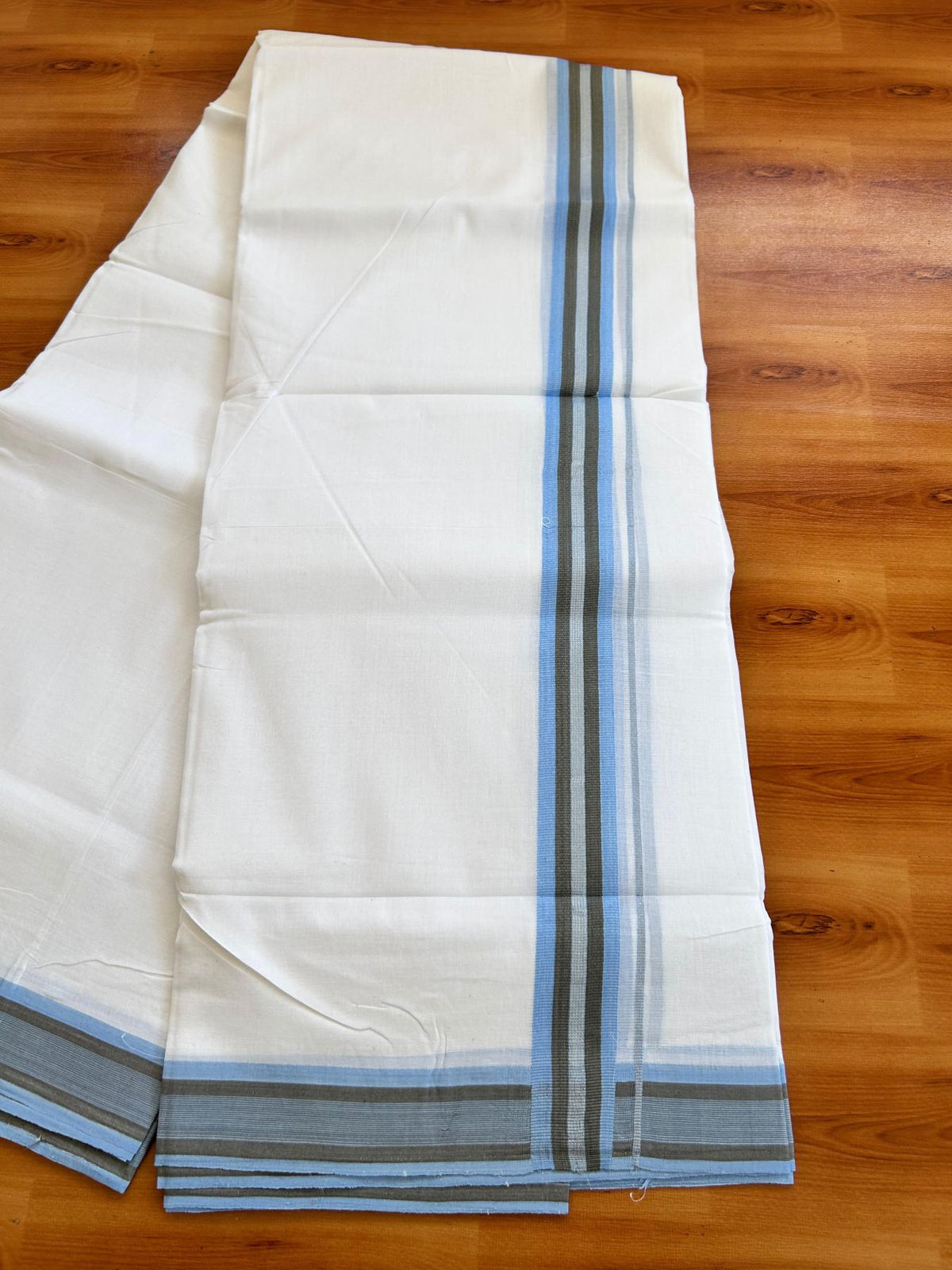 Double Pure White 25% Discount ! KaithariKada Handloom Unakkupaav - Kerala Handloom - 100% Pure Cotton - 100x90 - 1.5 Inch Silver Kasav Light Blue & Grey Striped Kara 3.90 mtr (8.36 Muzham) - 18 KK5496 YAR