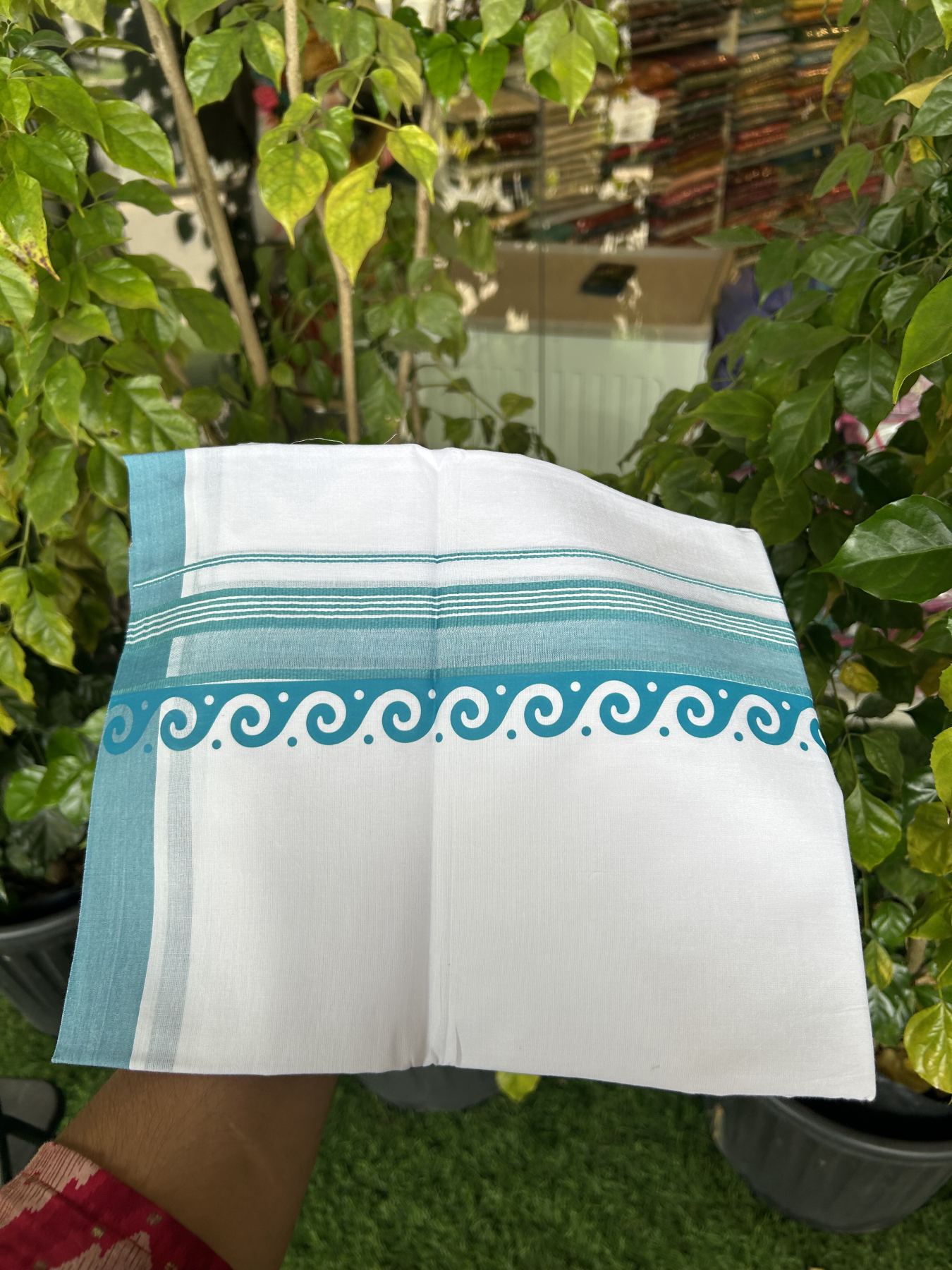 20% Discount ! KaithariKada Balaramapuram Cotton Double Pure white Mundu/Dhoti- 80s - 2.5 inch Blue Green Printed Shade Stripes Design Kara - 3.65 mtr (8 muzham) - 45 KK5329 GAN
