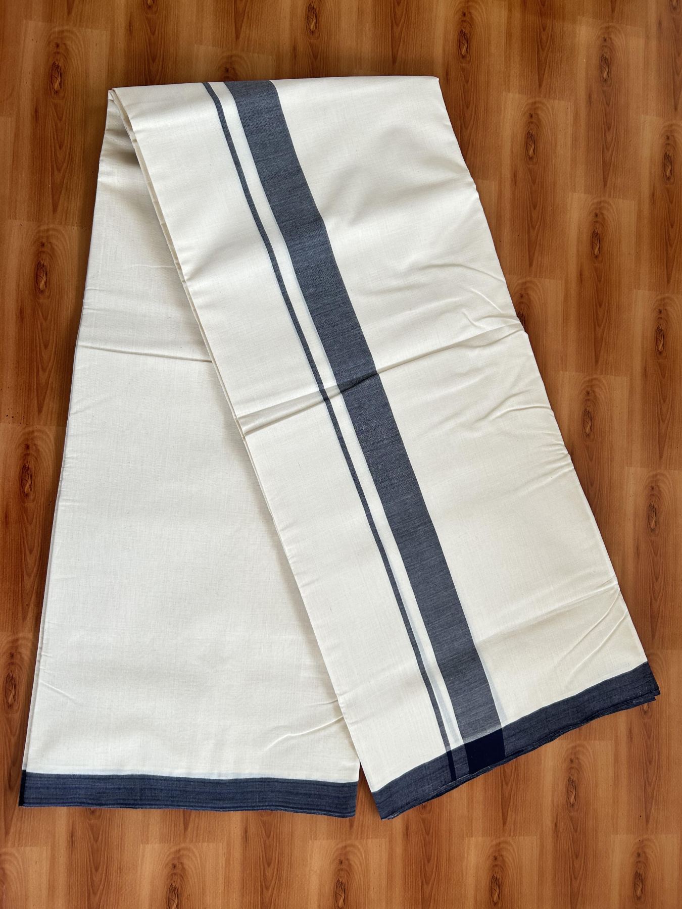 Double Off White (Unbleached) Mundu/Dhoti- 25% Discount! KaithariKada Handloom Millpaav - Kerala Handloom - Cotton - 80x90 - 1.25 inch Navy Blue Mulloth Kara 4.50 meter (10 Muzham) - 13 KK5396 RAM