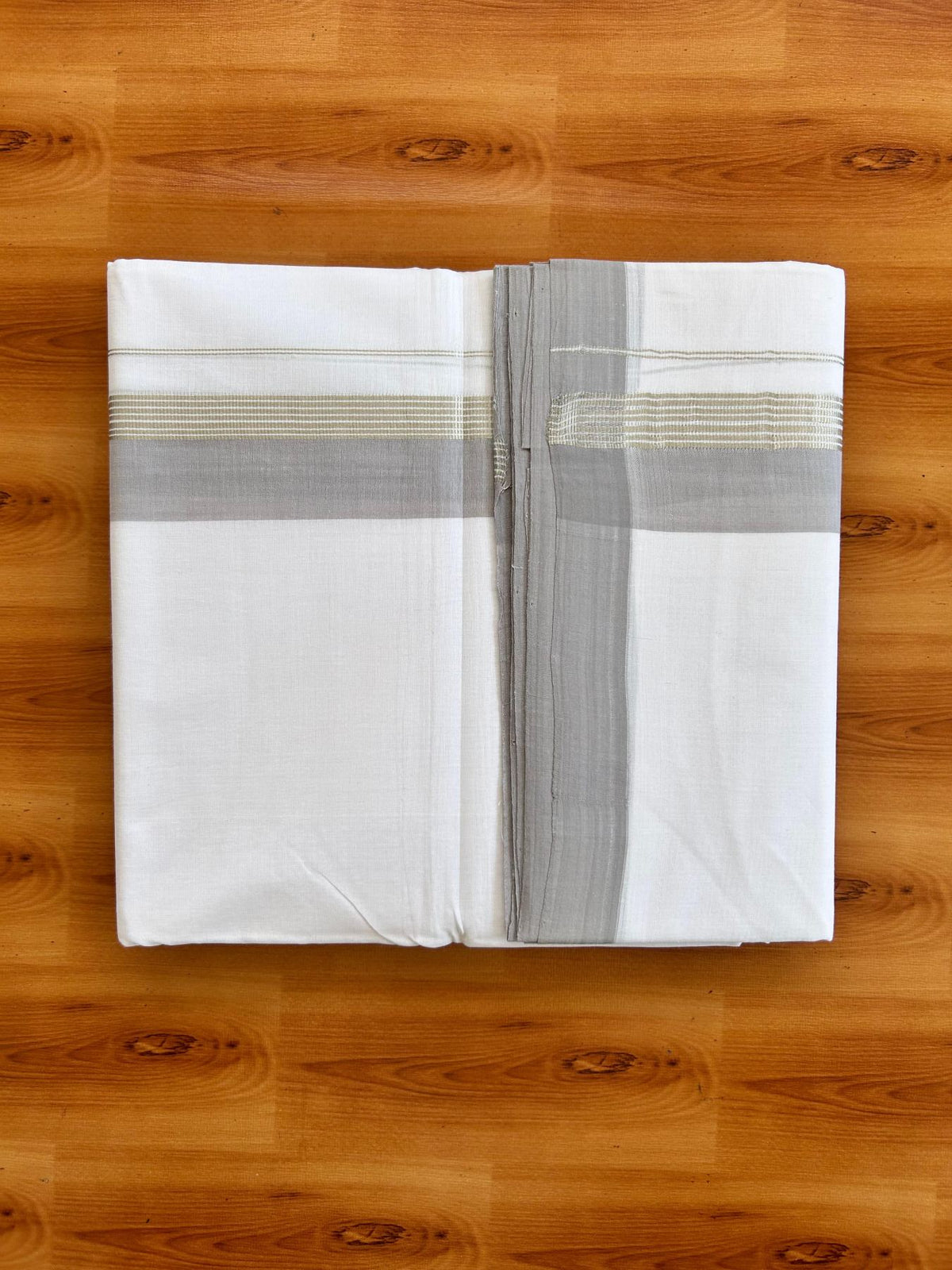 Double Pure White 25% Discount ! KaithariKada Handloom Millpaav - Kerala Handloom - 100% Pure Cotton - 80x90 - 1.5 Inch Silver Kasav & Light Grey Kara 3.90 mtr (8.36 Muzham) - 10 KK5496 YAR