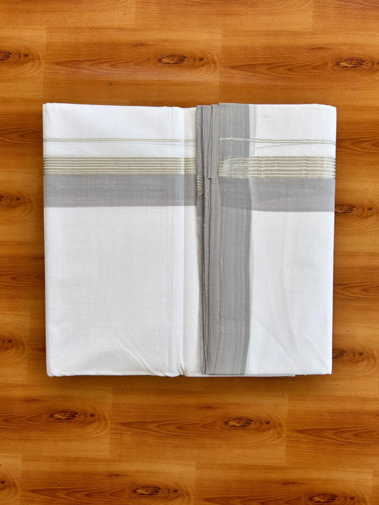 Double Pure White 25% Discount ! KaithariKada Handloom Millpaav - Kerala Handloom - 100% Pure Cotton - 80x90 - 1.5 Inch Silver Kasav & Light Grey Kara 3.90 mtr (8.36 Muzham) - 10 KK5496 YAR