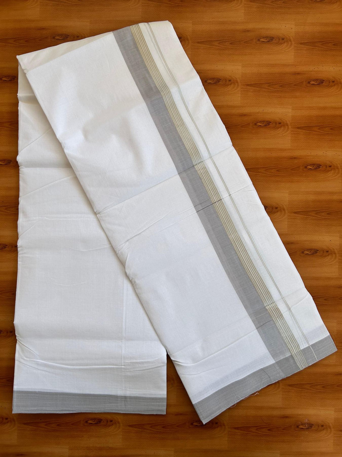 Double Pure White 25% Discount ! KaithariKada Handloom Millpaav - Kerala Handloom - 100% Pure Cotton - 80x90 - 1.5 Inch Silver Kasav & Light Grey Kara 3.90 mtr (8.36 Muzham) - 10 KK5496 YAR