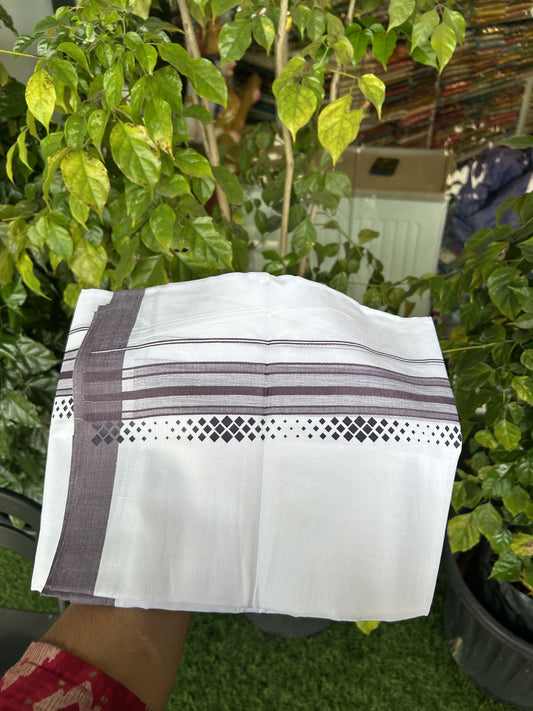 20% Discount ! KaithariKada Balaramapuram Cotton Double Pure white Mundu/Dhoti- 80s - 2.5 inch Dark Purple Ash Printed Shade Stripes Design Kara - 3.65 mtr (8 muzham) - 19 KK5329 GAN