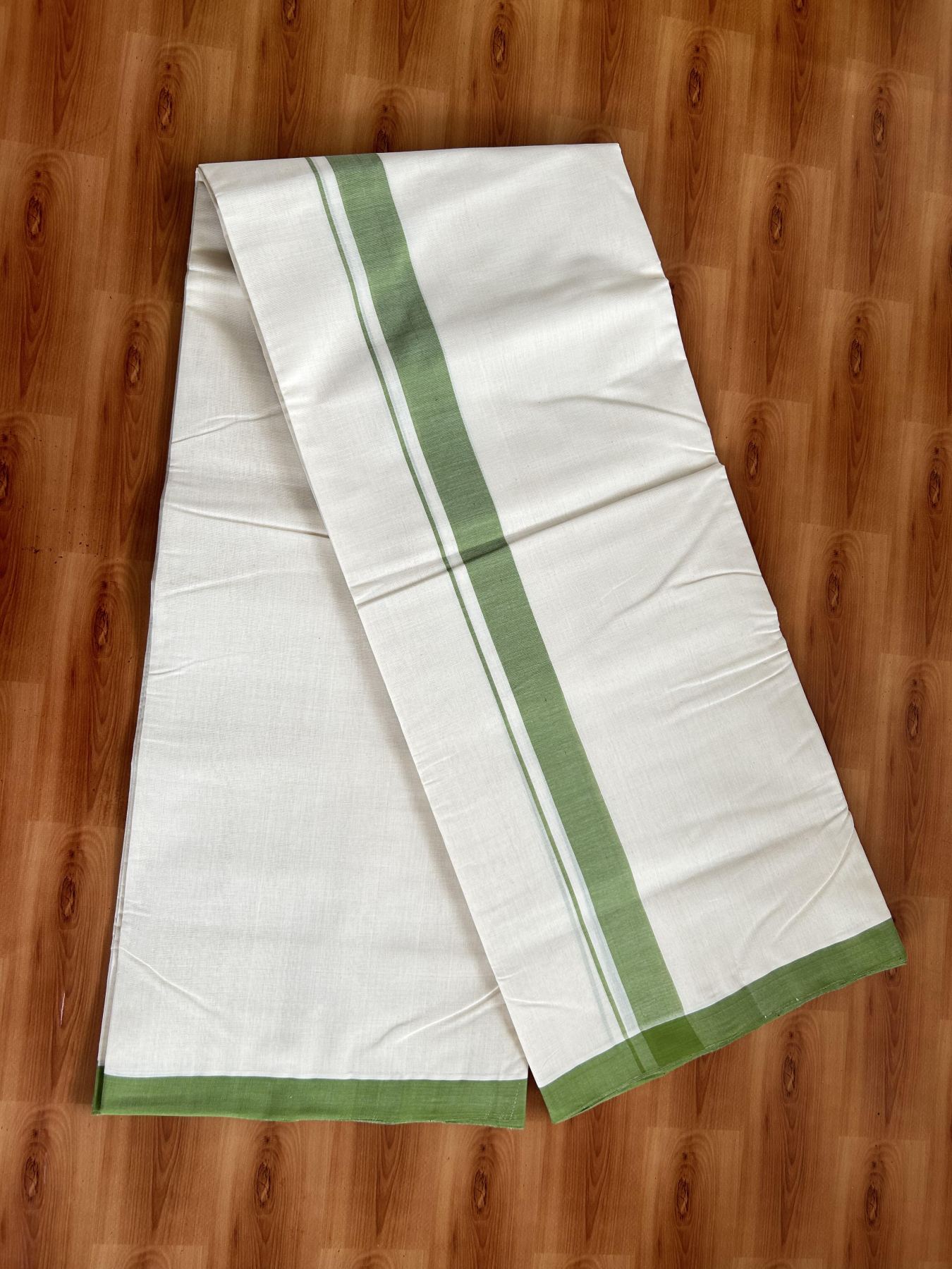 Double Off White (Unbleached) Mundu/Dhoti- 25% Discount! KaithariKada Handloom Millpaav - Kerala Handloom - Cotton - 80x90 - 1.25 inch Light Green Mulloth Kara 4.50 meter (10 Muzham) - 14 KK5396 RAM