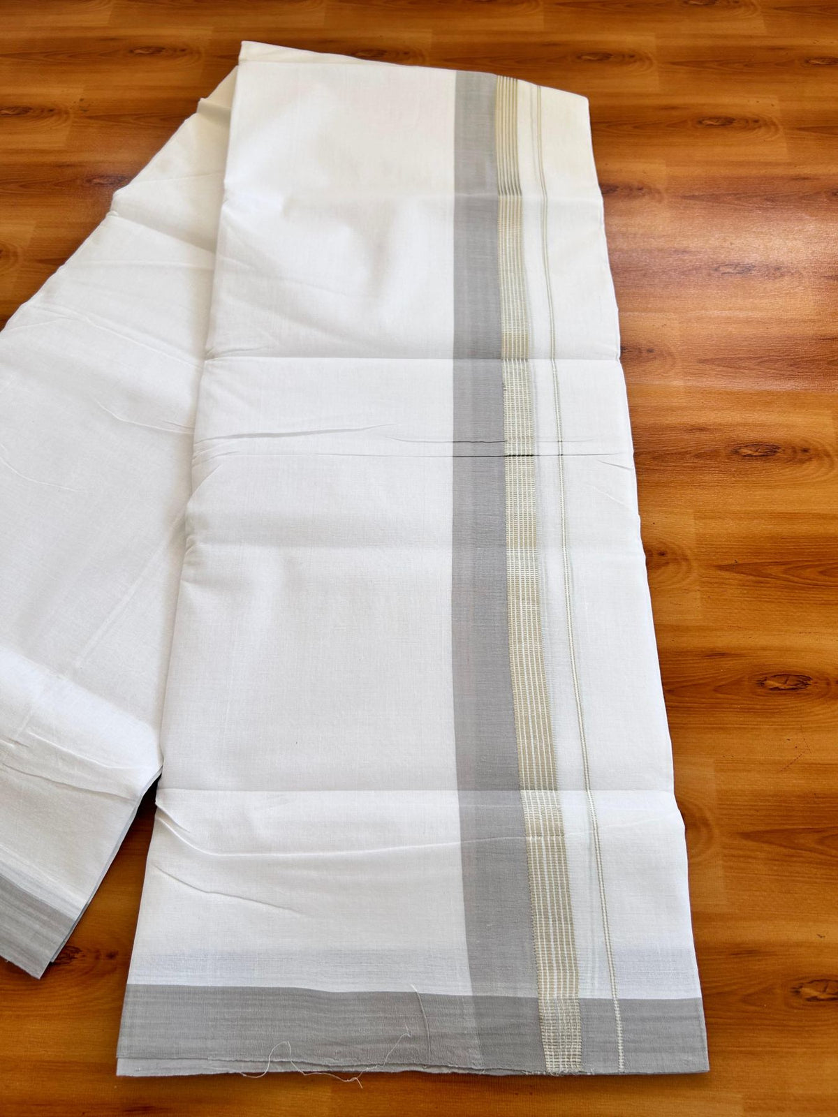 Double Pure White 25% Discount ! KaithariKada Handloom Millpaav - Kerala Handloom - 100% Pure Cotton - 80x90 - 1.5 Inch Silver Kasav & Light Grey Kara 3.90 mtr (8.36 Muzham) - 10 KK5496 YAR