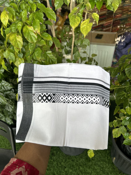 20% Discount ! KaithariKada Balaramapuram Cotton Double Pure white Mundu/Dhoti- 80s - 2.5 inch Black Printed Shade Stripes Design Kara - 3.65 mtr (8 muzham) - 54 KK5329 GAN