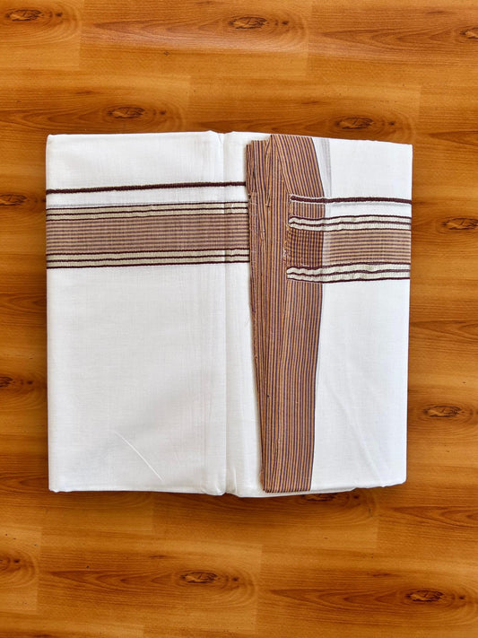 Double Pure White 25% Discount ! KaithariKada Handloom Millpaav - Kerala Handloom - 100% Pure Cotton - 80x90 - 1.75 Inch Silver Kasav Maroon & Brown Striped Kara 3.90 mtr (8.36 Muzham) - 11 KK5496 YAR