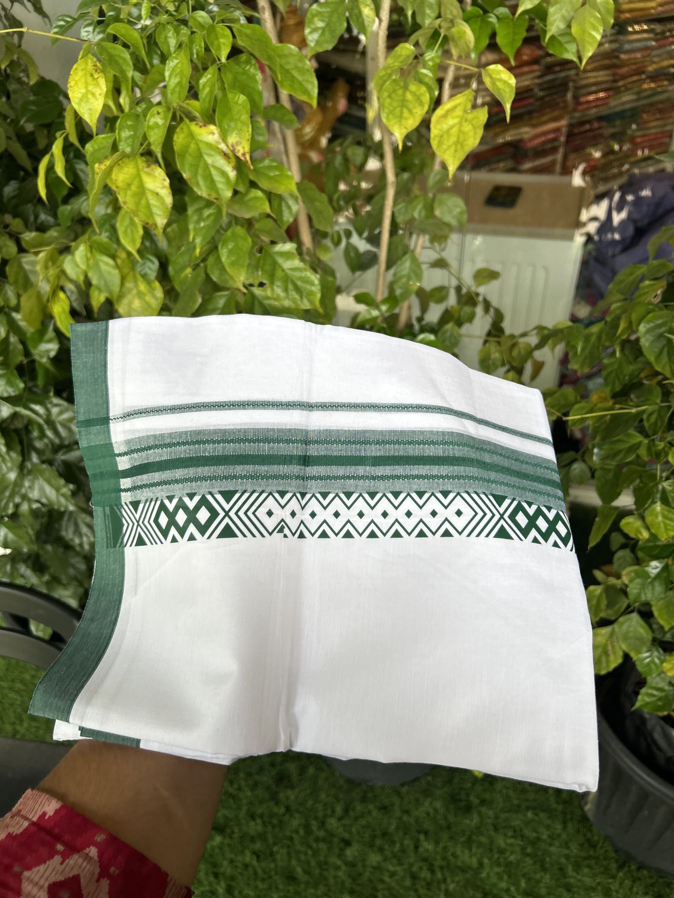 20% Discount ! KaithariKada Balaramapuram Cotton Double Pure white Mundu/Dhoti- 80s - 2.5 inch Dark Green Printed Shade Stripes Design Kara - 3.65 mtr (8 muzham) - 56 KK5329 GAN