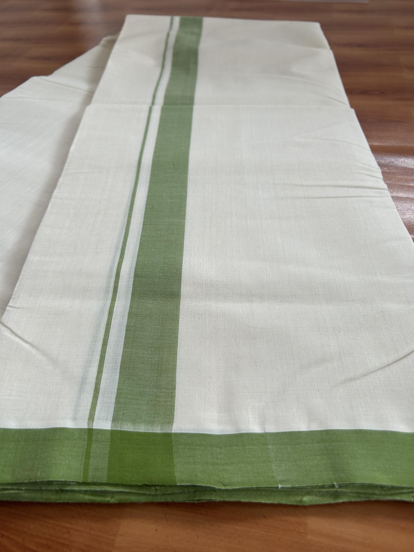 Double Off White (Unbleached) Mundu/Dhoti- 25% Discount! KaithariKada Handloom Millpaav - Kerala Handloom - Cotton - 80x90 - 1.25 inch Light Green Mulloth Kara 4.50 meter (10 Muzham) - 14 KK5396 RAM