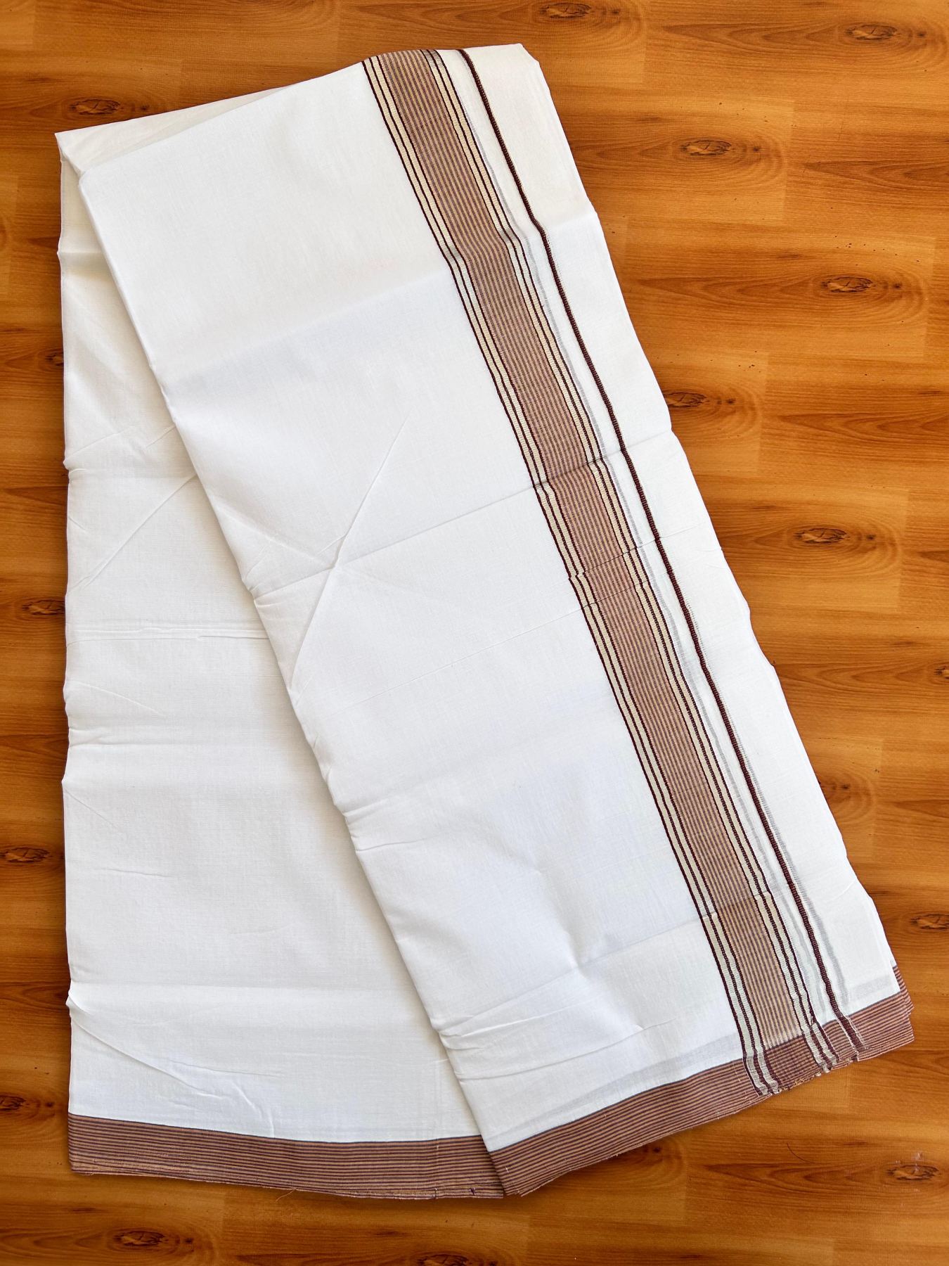 Double Pure White 25% Discount ! KaithariKada Handloom Millpaav - Kerala Handloom - 100% Pure Cotton - 80x90 - 1.75 Inch Silver Kasav Maroon & Brown Striped Kara 3.90 mtr (8.36 Muzham) - 11 KK5496 YAR