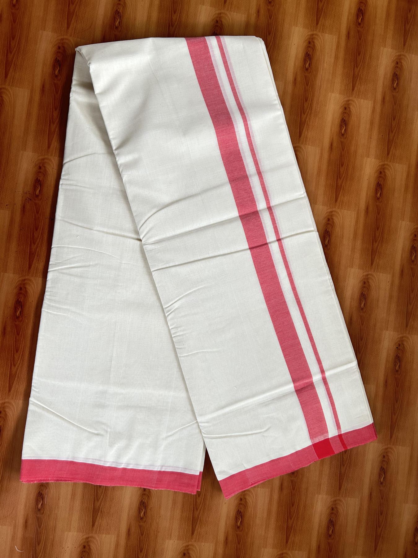 Double Off White (Unbleached) Mundu/Dhoti- 25% Discount! KaithariKada Handloom Millpaav - Kerala Handloom - Cotton - 80x90 - 1 inch Red Mulloth Kara 4 meter (8.5 Muzham) - 7 KK5396 RAM