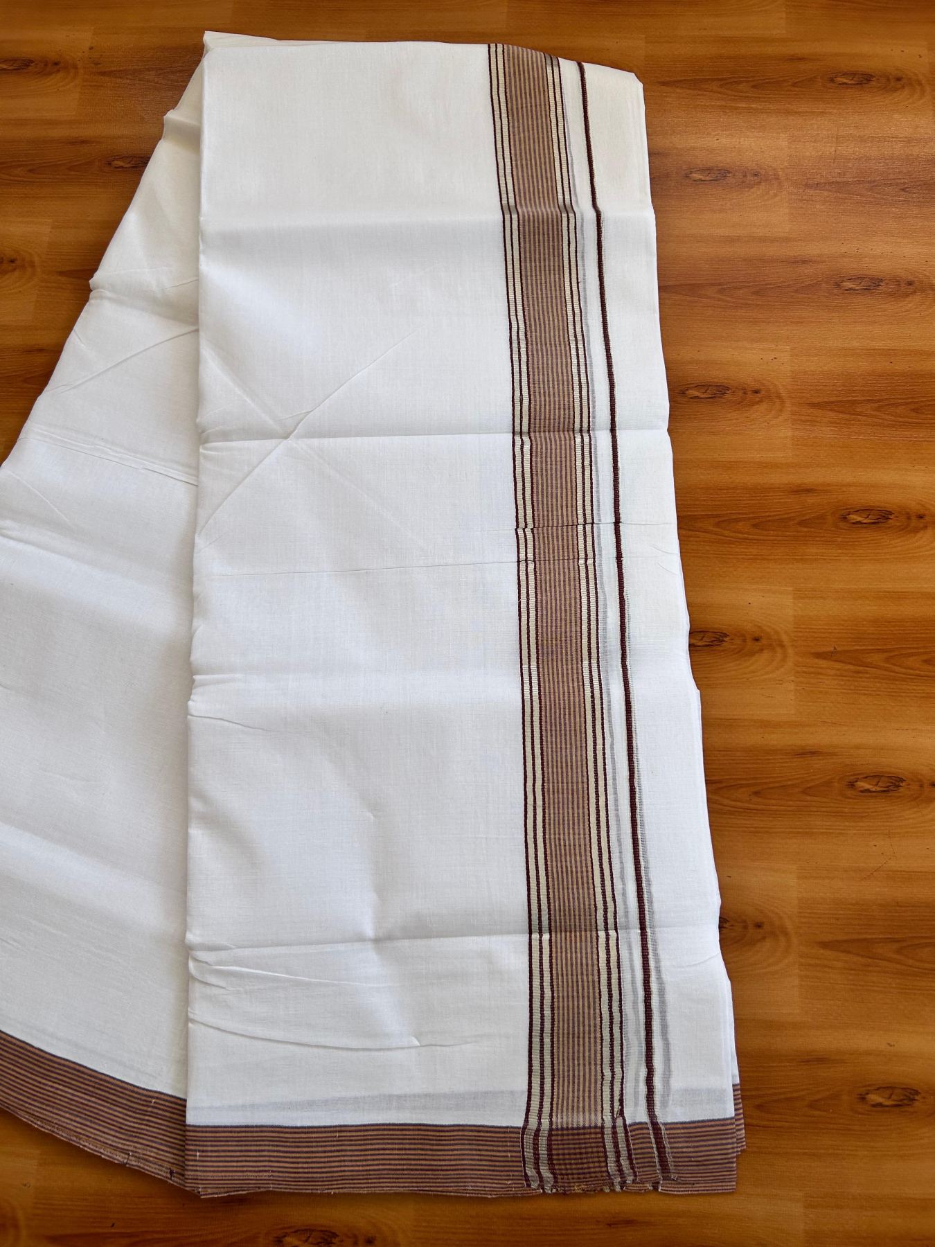 Double Pure White 25% Discount ! KaithariKada Handloom Millpaav - Kerala Handloom - 100% Pure Cotton - 80x90 - 1.75 Inch Silver Kasav Maroon & Brown Striped Kara 3.90 mtr (8.36 Muzham) - 11 KK5496 YAR