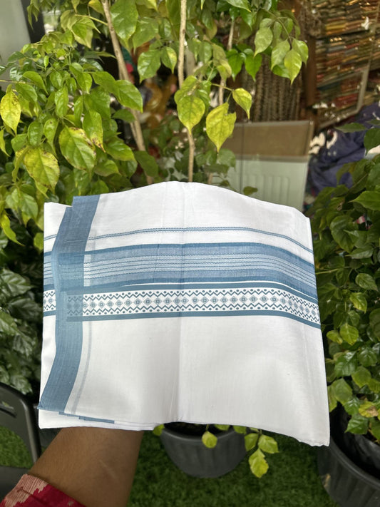 20% Discount ! KaithariKada Balaramapuram Cotton Double Pure white Mundu/Dhoti- 80s - 2.5 inch Ash Blue Printed Shade Stripes Design Kara - 3.65 mtr (8 muzham) - 26 KK5329 GAN