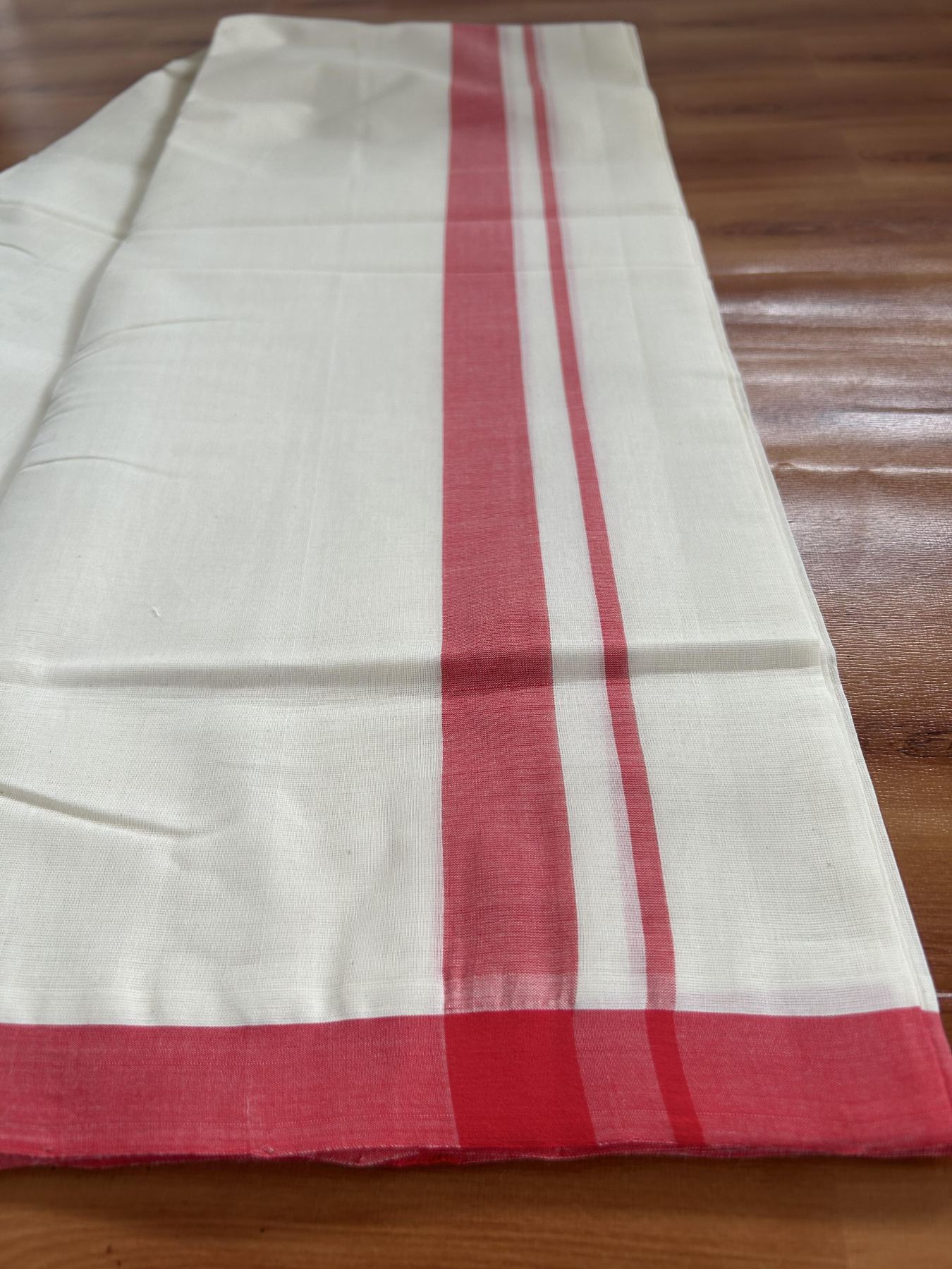 Double Off White (Unbleached) Mundu/Dhoti- 25% Discount! KaithariKada Handloom Millpaav - Kerala Handloom - Cotton - 80x90 - 1 inch Red Mulloth Kara 4 meter (8.5 Muzham) - 7 KK5396 RAM