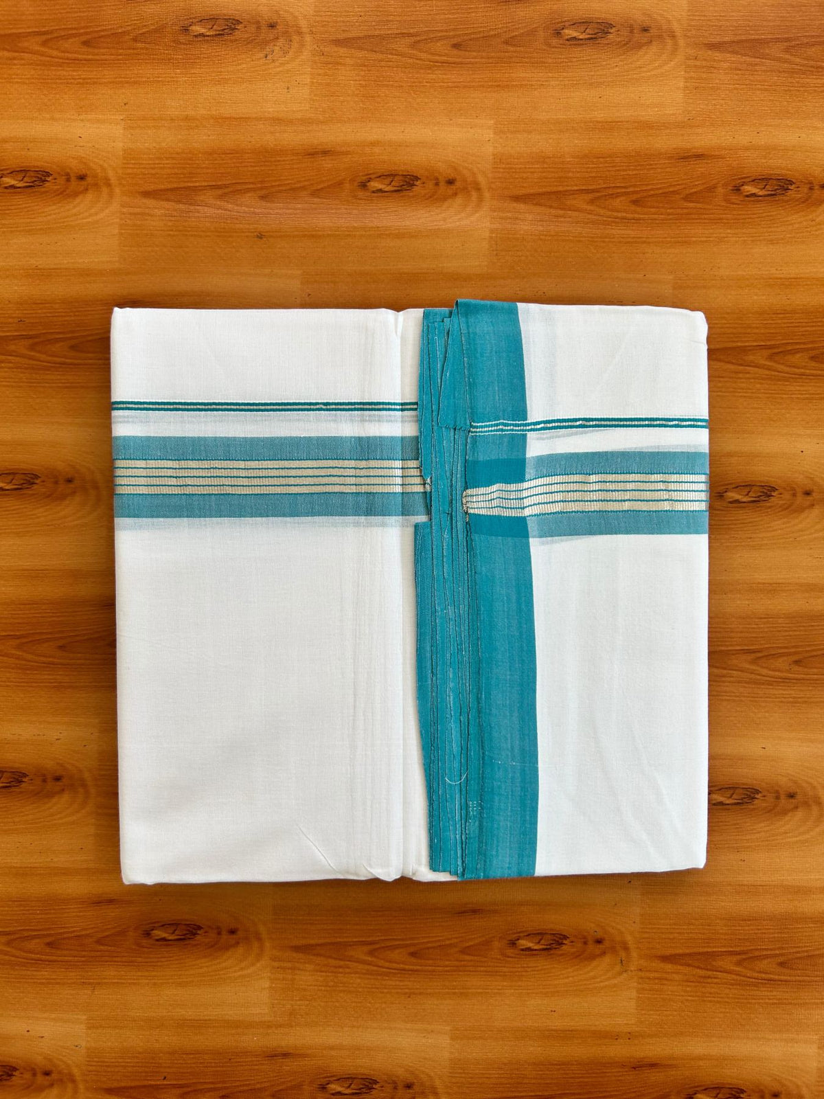 Double Pure White 25% Discount ! KaithariKada Handloom Millpaav - Kerala Handloom - 100% Pure Cotton - 80x90 - 1.5 Inch Silver Kasav & Sea Blue Striped Kara 3.90 mtr (8.36 Muzham) - 12 KK5496 YAR