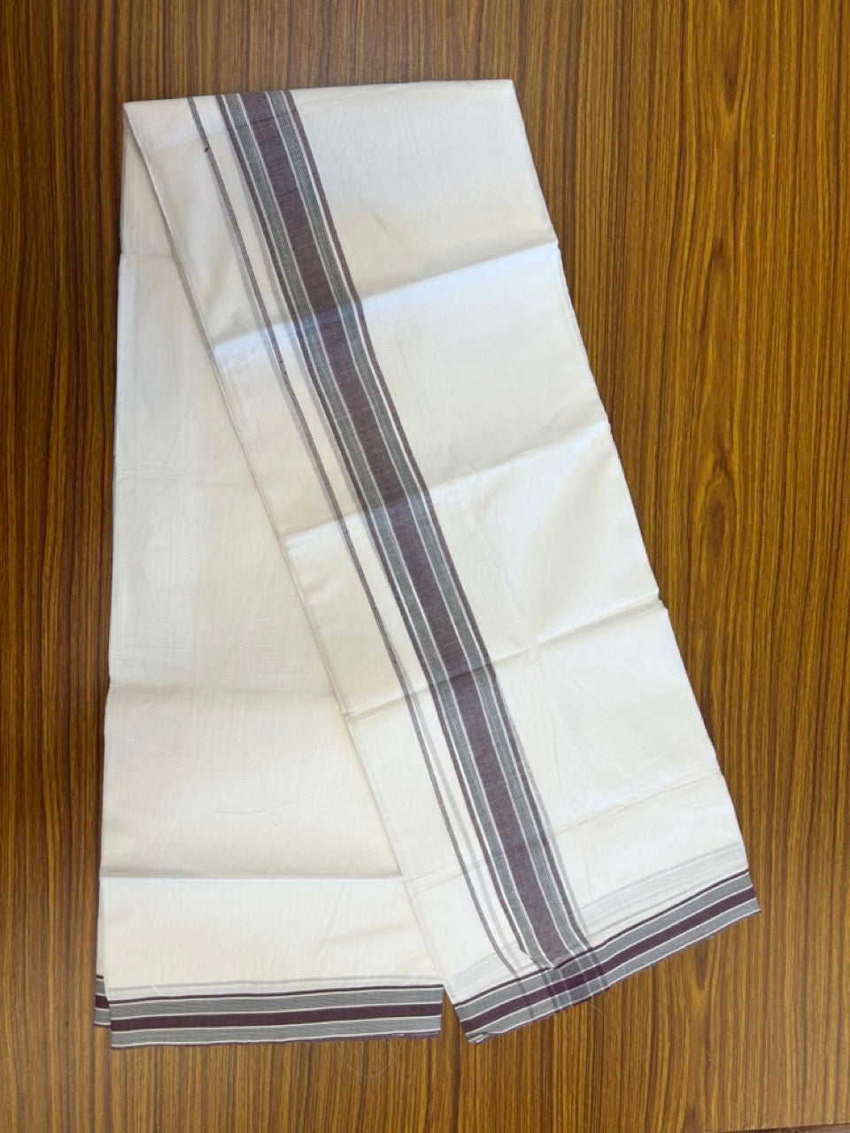 20% Discount ! Kaitharikada Balaramapuram 100% Cotton PURE WHITE Double Mundu/Dothi - 100x80 - 1.75 inch Black & Purple Shaded Striped Kara 3.90 mtr (8 muzham) - 68 KK5294 THI