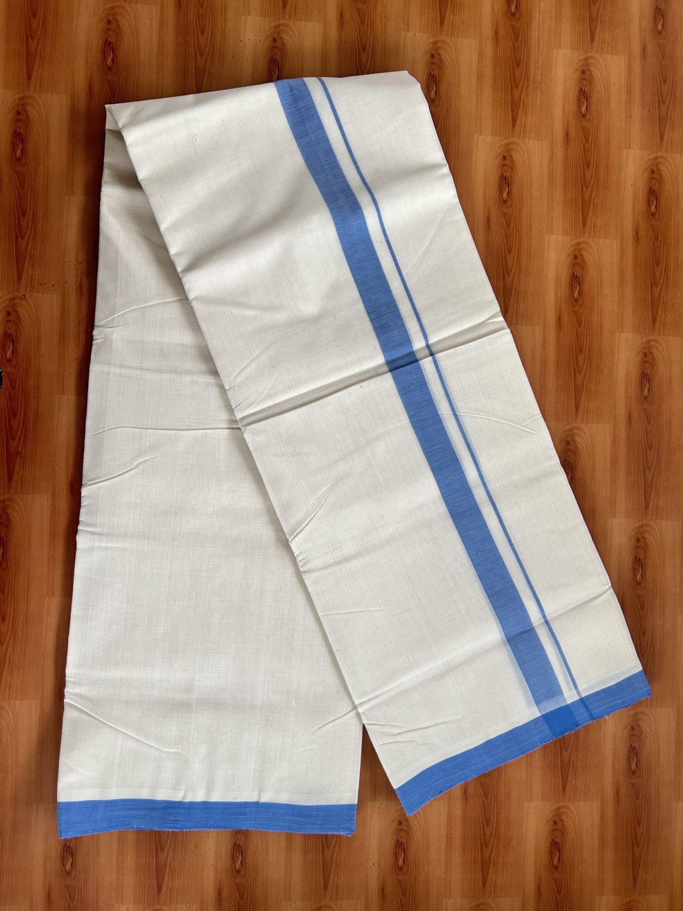 Double Off White (Unbleached) Mundu/Dhoti- 25% Discount! KaithariKada Handloom Millpaav - Kerala Handloom - Cotton - 80x90 - 1.25 inch Blue Mulloth Kara 4 meter (8.5 Muzham) - 11 KK5396 RAM