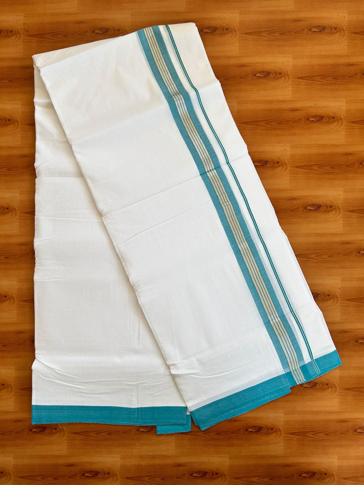 Double Pure White 25% Discount ! KaithariKada Handloom Millpaav - Kerala Handloom - 100% Pure Cotton - 80x90 - 1.5 Inch Silver Kasav & Sea Blue Striped Kara 3.90 mtr (8.36 Muzham) - 12 KK5496 YAR