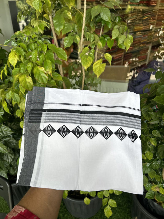 20% Discount ! KaithariKada Balaramapuram Cotton Double Pure white Mundu/Dhoti- 80s - 2.5 inch Black Printed Shade Stripes Design Kara - 3.65 mtr (8 muzham) - 4 KK5329 GAN