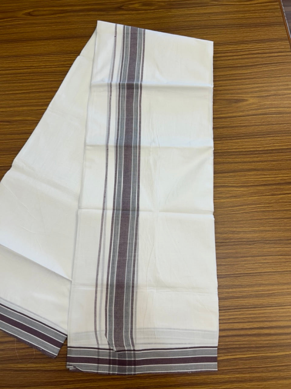 20% Discount ! Kaitharikada Balaramapuram 100% Cotton PURE WHITE Double Mundu/Dothi - 100x80 - 1.75 inch Black & Purple Shaded Striped Kara 3.90 mtr (8 muzham) - 68 KK5294 THI