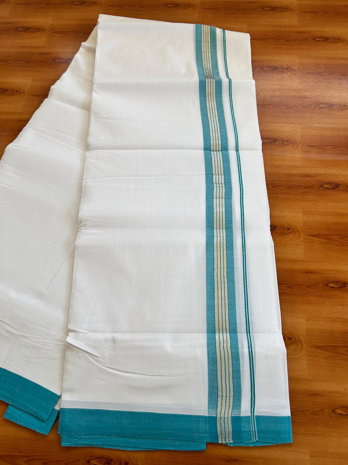 Double Pure White 25% Discount ! KaithariKada Handloom Millpaav - Kerala Handloom - 100% Pure Cotton - 80x90 - 1.5 Inch Silver Kasav & Sea Blue Striped Kara 3.90 mtr (8.36 Muzham) - 12 KK5496 YAR
