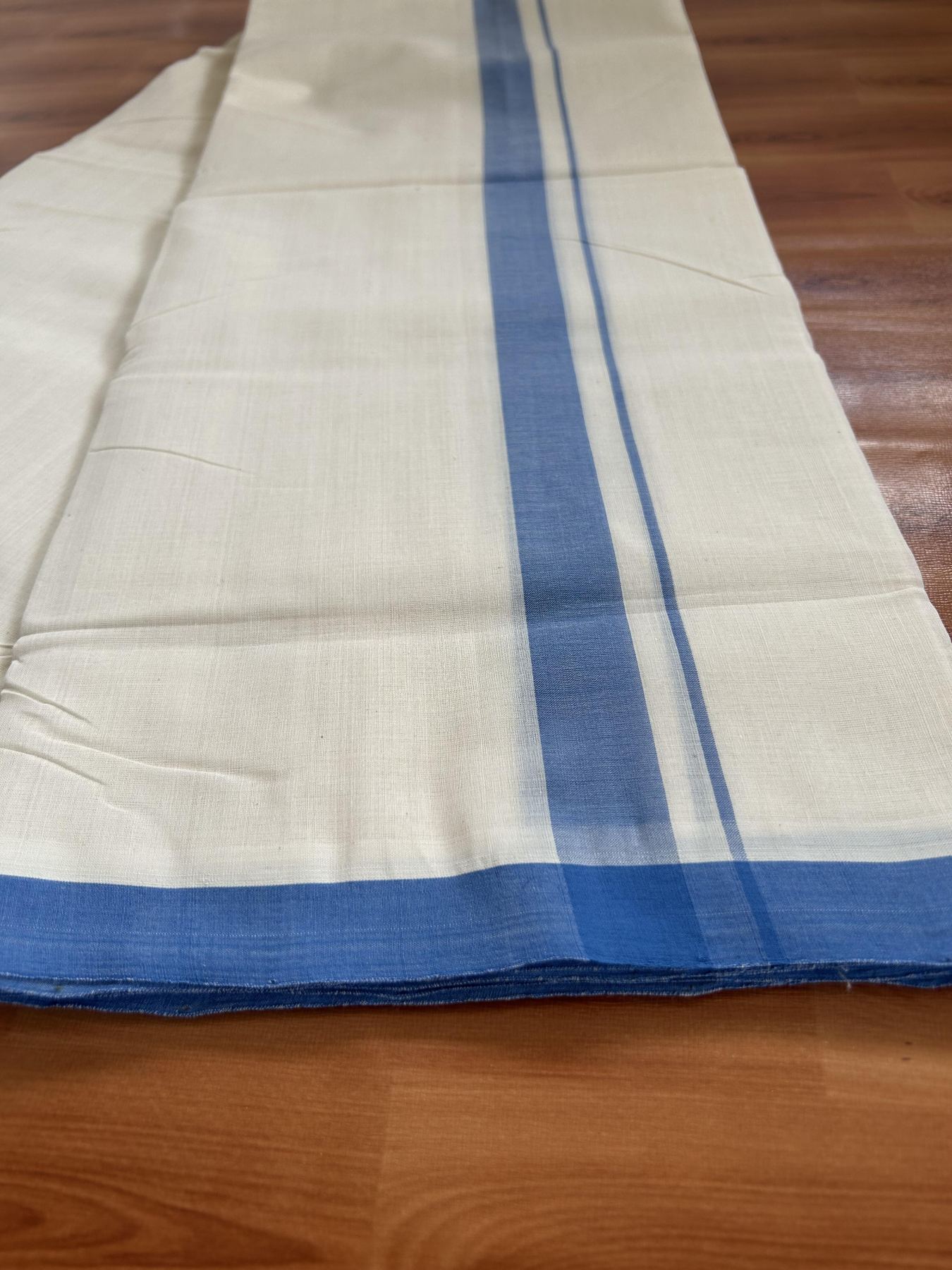 Double Off White (Unbleached) Mundu/Dhoti- 25% Discount! KaithariKada Handloom Millpaav - Kerala Handloom - Cotton - 80x90 - 1.25 inch Blue Mulloth Kara 4 meter (8.5 Muzham) - 11 KK5396 RAM