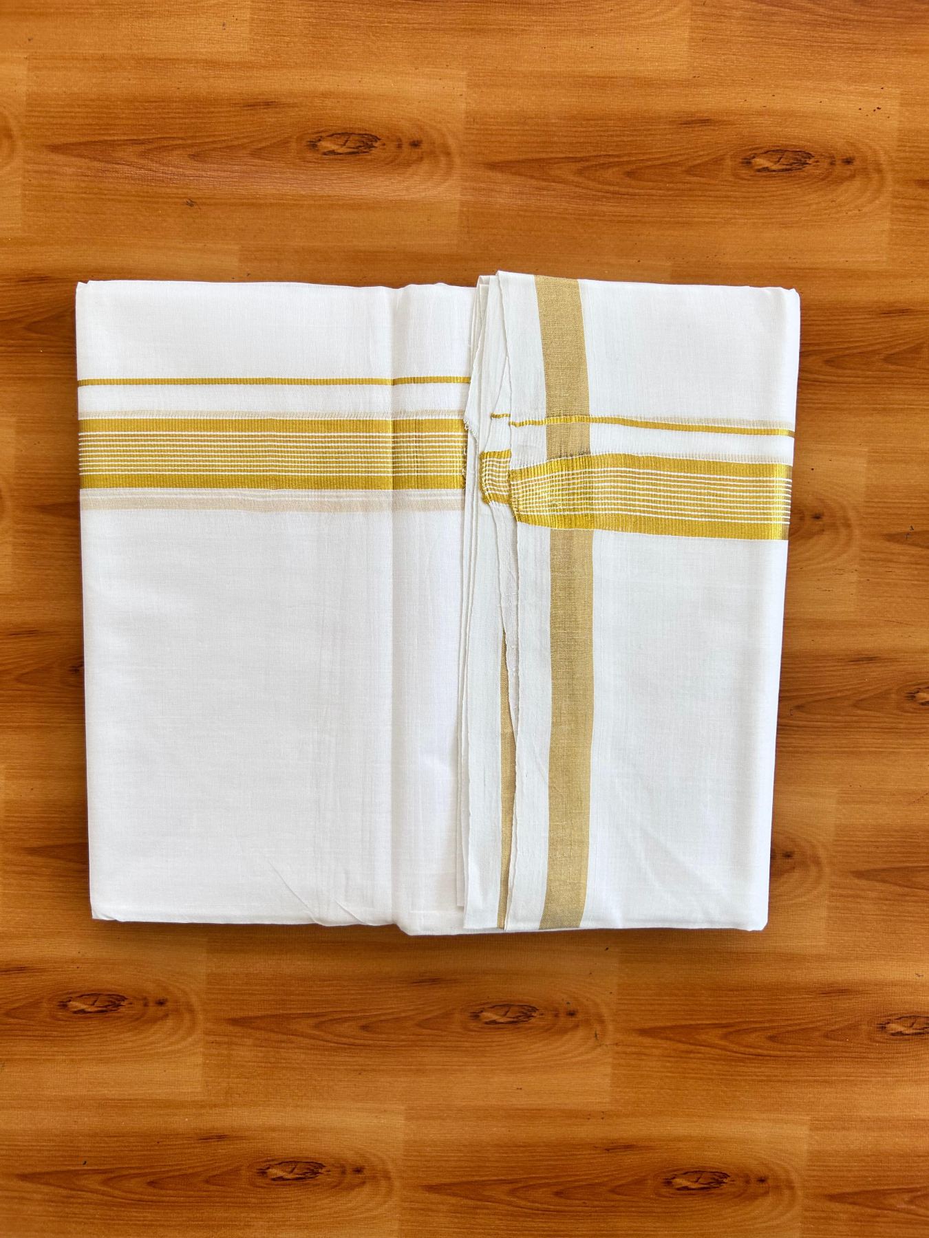 Double Pure White 25% Discount ! KaithariKada Handloom Millpaav- Kerala Handloom - 100% Pure Cotton - 80x90 - 1 Inch Gold Kasav Striped Kara 3.90 mtr (8.36 Muzham) - 21 KK5496 YAR