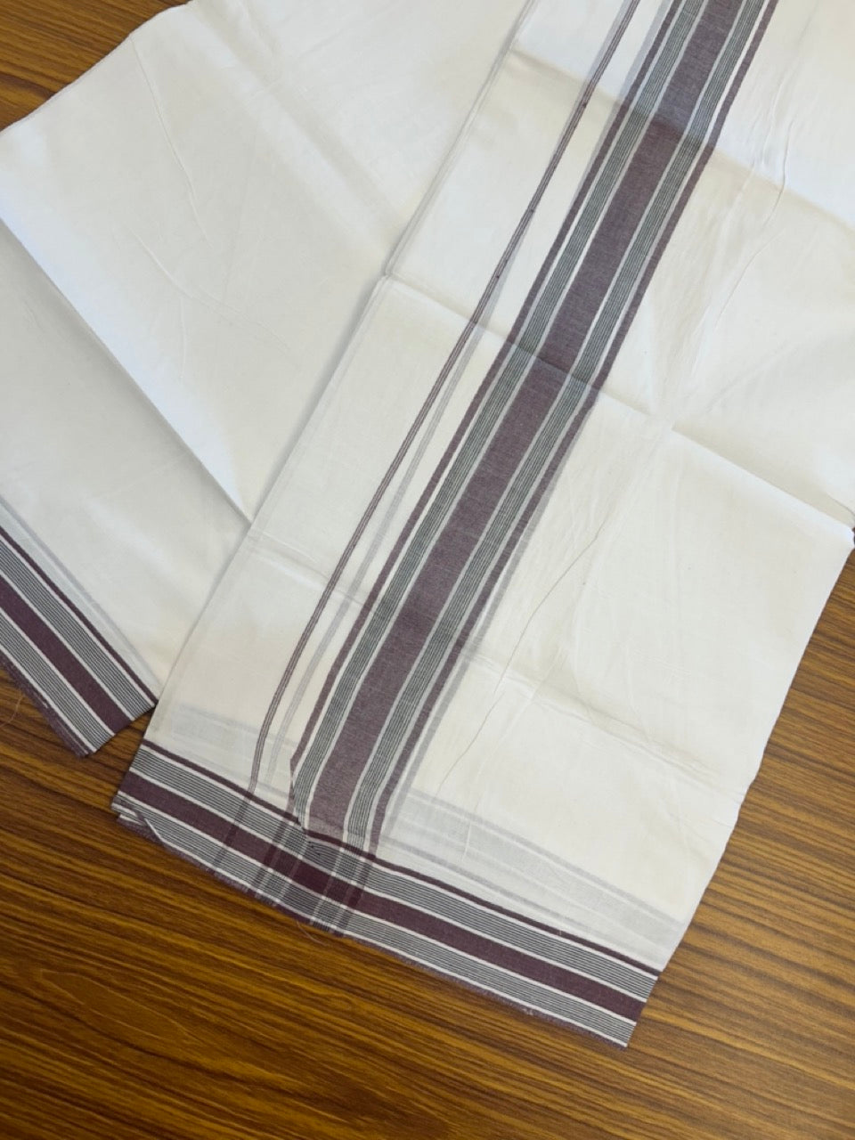 20% Discount ! Kaitharikada Balaramapuram 100% Cotton PURE WHITE Double Mundu/Dothi - 100x80 - 1.75 inch Black & Purple Shaded Striped Kara 3.90 mtr (8 muzham) - 68 KK5294 THI