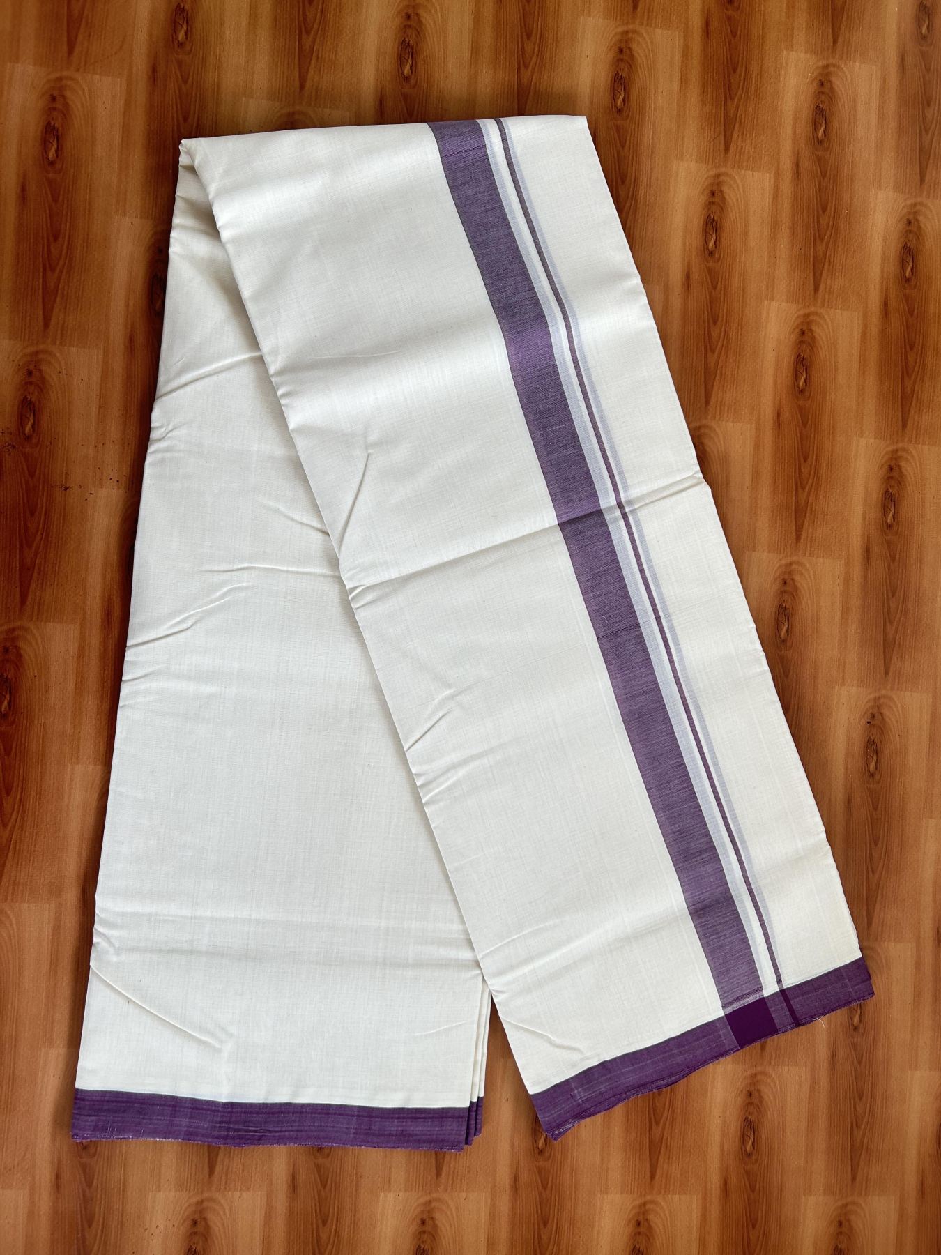 Double Off White (Unbleached) Mundu/Dhoti- 25% Discount! KaithariKada Handloom Millpaav - Kerala Handloom - Cotton - 80x90 - 1.25 inch Wine Purple Mulloth Kara 4 meter (8.5 Muzham) - 5 KK5396 RAM