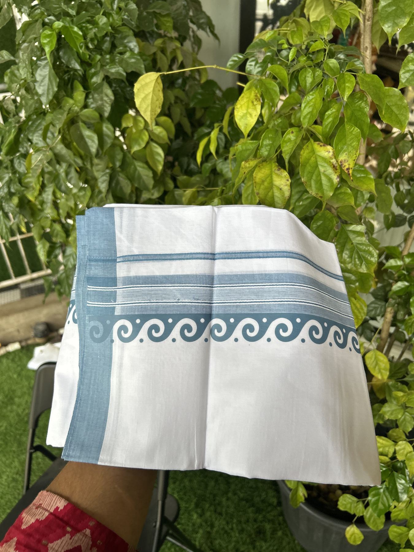 20% Discount ! KaithariKada Balaramapuram Cotton Double Pure white Mundu/Dhoti- 80s - 2.5 inch Ash Blue Printed Shade Stripes Design Kara - 3.65 mtr (8 muzham) - 39 KK5329 GAN
