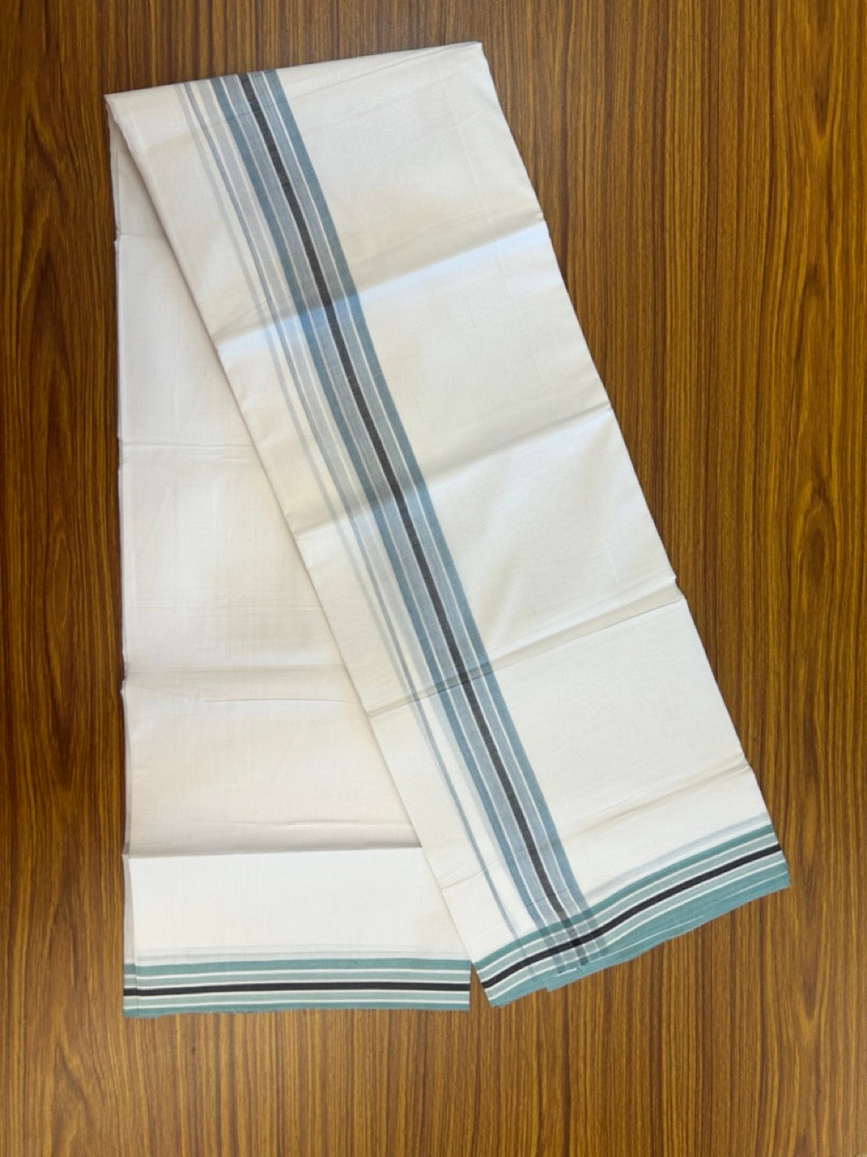 20% Discount ! Kaitharikada Balaramapuram 100% Cotton PURE WHITE Double Mundu/Dothi - 100x80 - 1.5 inch Light Teal Blue & Black Shaded Striped Design Kara 3.90 mtr (8 muzham) - 35 KK5294 THI
