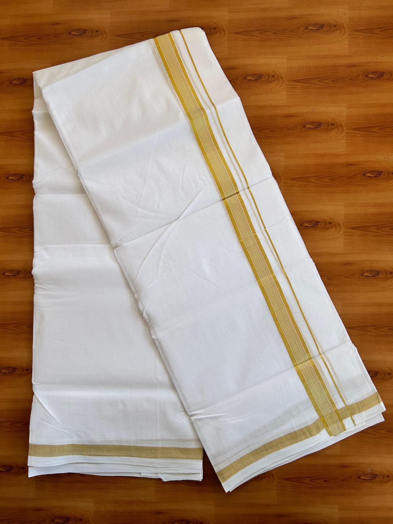 Double Pure White 25% Discount ! KaithariKada Handloom Millpaav- Kerala Handloom - 100% Pure Cotton - 80x90 - 1 Inch Gold Kasav Striped Kara 3.90 mtr (8.36 Muzham) - 21 KK5496 YAR