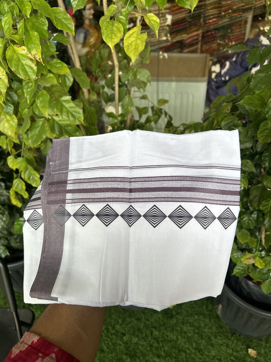 20% Discount ! KaithariKada Balaramapuram Cotton Double Pure white Mundu/Dhoti- 80s - 2.5 inch Purple Ash Printed Shade Stripes Design Kara - 3.65 mtr (8 muzham) - 6 KK5329 GAN