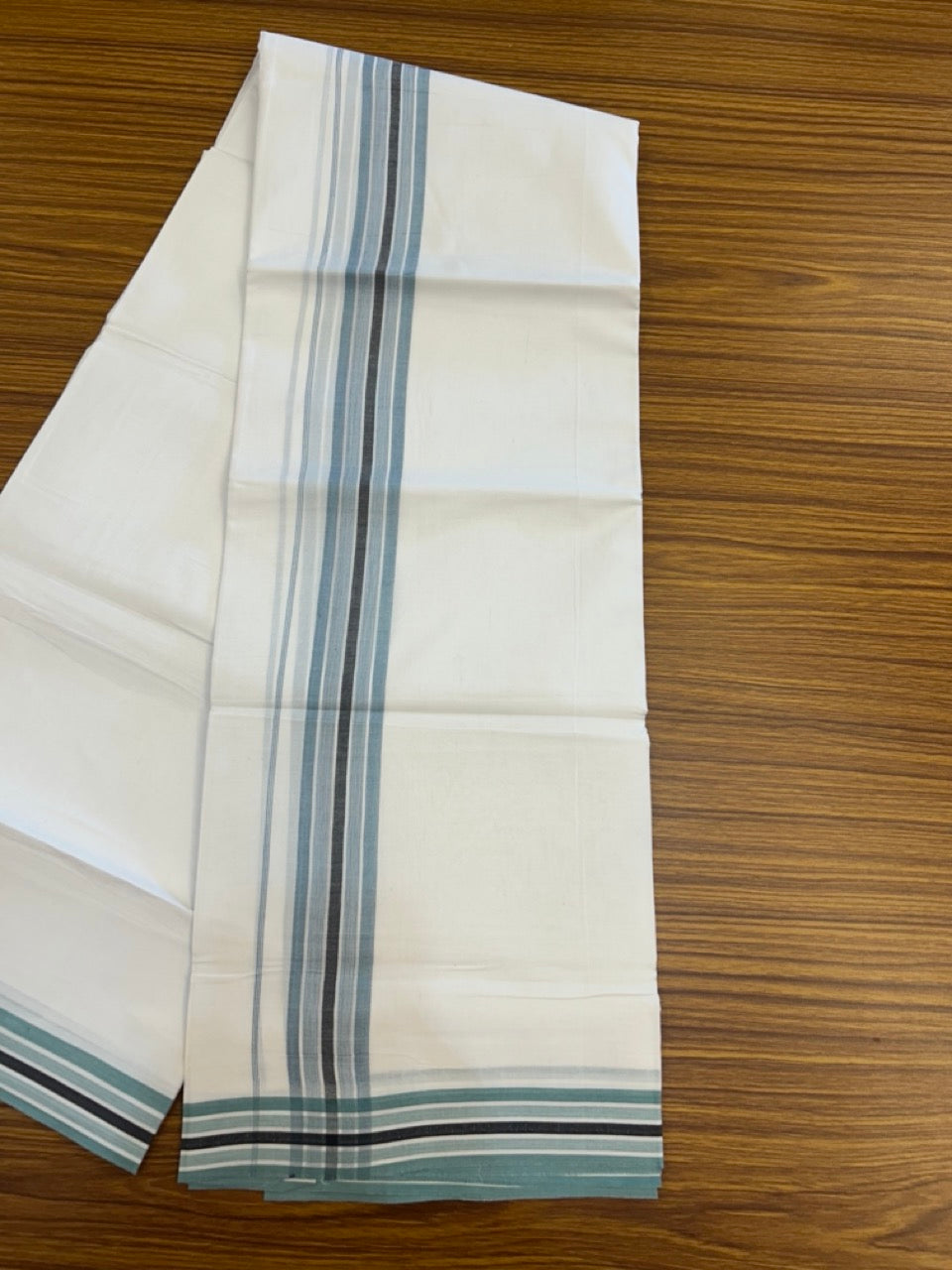 20% Discount ! Kaitharikada Balaramapuram 100% Cotton PURE WHITE Double Mundu/Dothi - 100x80 - 1.5 inch Light Teal Blue & Black Shaded Striped Design Kara 3.90 mtr (8 muzham) - 35 KK5294 THI