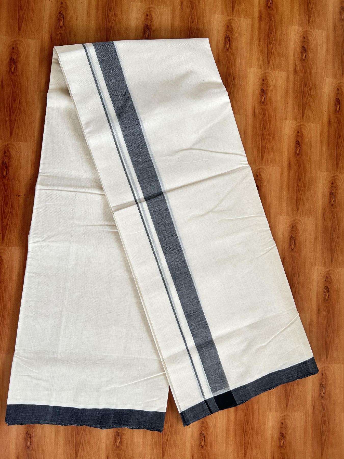 Double Off White (Unbleached) Mundu/Dhoti- 25% Discount! KaithariKada Handloom Millpaav - Kerala Handloom - Cotton - 80x90 - 1.25 inch Black Mulloth Kara 4 meter (8.5 Muzham) - 12 KK5396 RAM