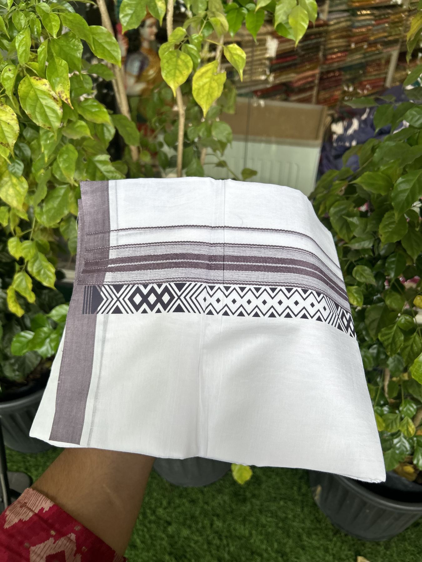 20% Discount ! KaithariKada Balaramapuram Cotton Double Pure white Mundu/Dhoti- 80s - 2.5 inch Purple Ash Printed Shade Stripes Design Kara - 3.65 mtr (8 muzham) - 52 KK5329 GAN