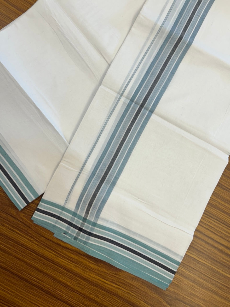 20% Discount ! Kaitharikada Balaramapuram 100% Cotton PURE WHITE Double Mundu/Dothi - 100x80 - 1.5 inch Light Teal Blue & Black Shaded Striped Design Kara 3.90 mtr (8 muzham) - 35 KK5294 THI