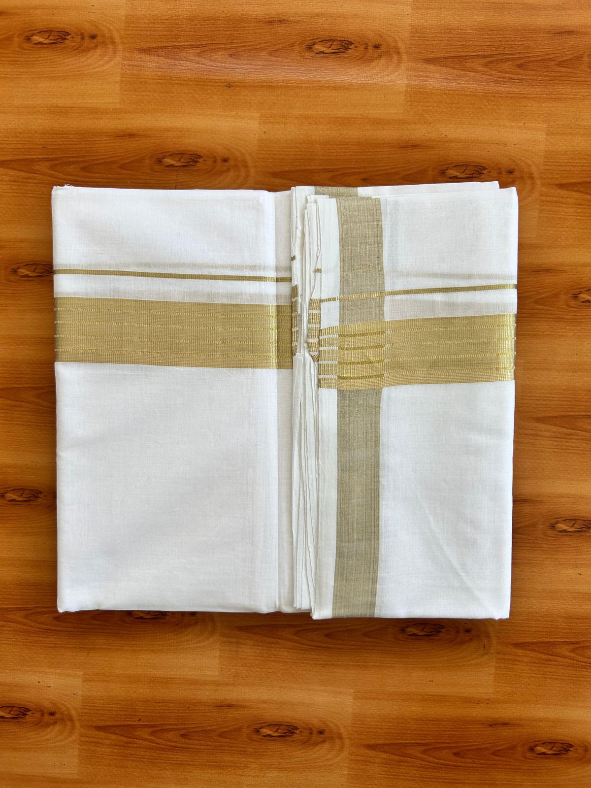 Double Pure White 25% Discount ! KaithariKada Handloom Unakkupaav - Kerala Handloom - 100% Pure Cotton - 100x90 - 1.5 Inch Gold Kasav Striped Kara 3.90 mtr (8.36 Muzham) - 22 KK5496 YAR