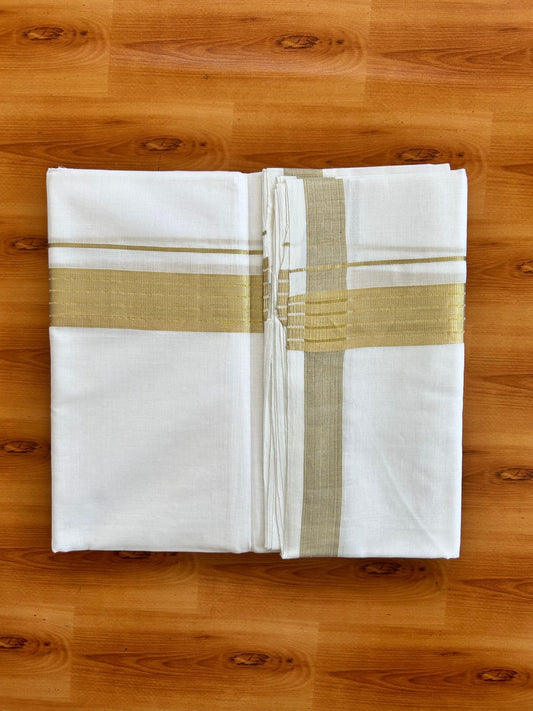 Double Pure White 25% Discount ! KaithariKada Handloom Unakkupaav - Kerala Handloom - 100% Pure Cotton - 100x90 - 1.5 Inch Gold Kasav Striped Kara 3.90 mtr (8.36 Muzham) - 22 KK5496 YAR