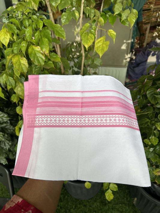20% Discount ! KaithariKada Balaramapuram Cotton Double Pure white Mundu/Dhoti- 80s - 2.5 inch Baby Pink Printed Shade Stripes Design Kara - 3.65 mtr (8 muzham) - 27 KK5329 GAN