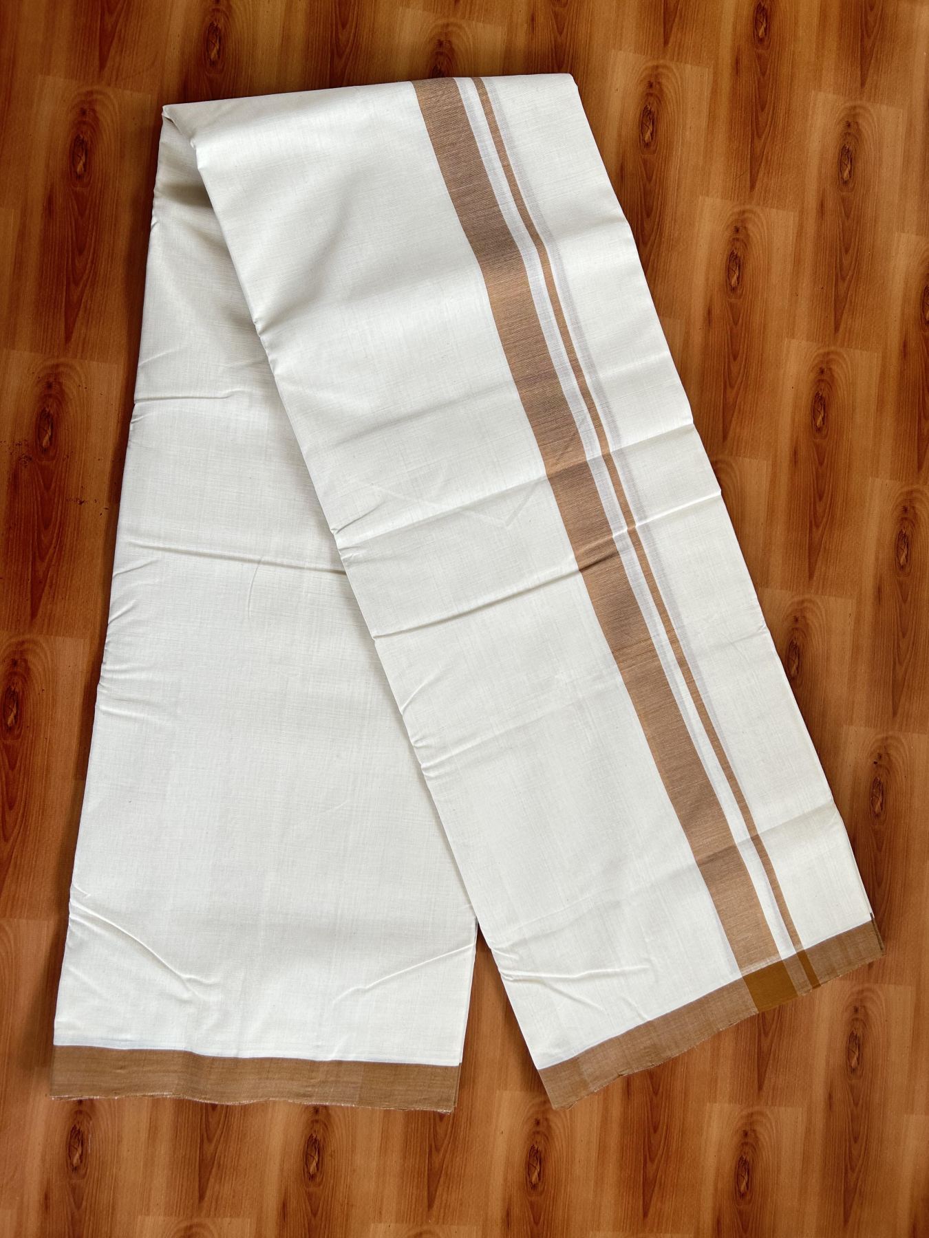Double Off White (Unbleached) Mundu/Dhoti- 25% Discount! KaithariKada Handloom Millpaav - Kerala Handloom - Cotton - 80x90 - 1 inch Light Brown Mulloth Kara 4 meter (8.5 Muzham) - 8 KK5396 RAM