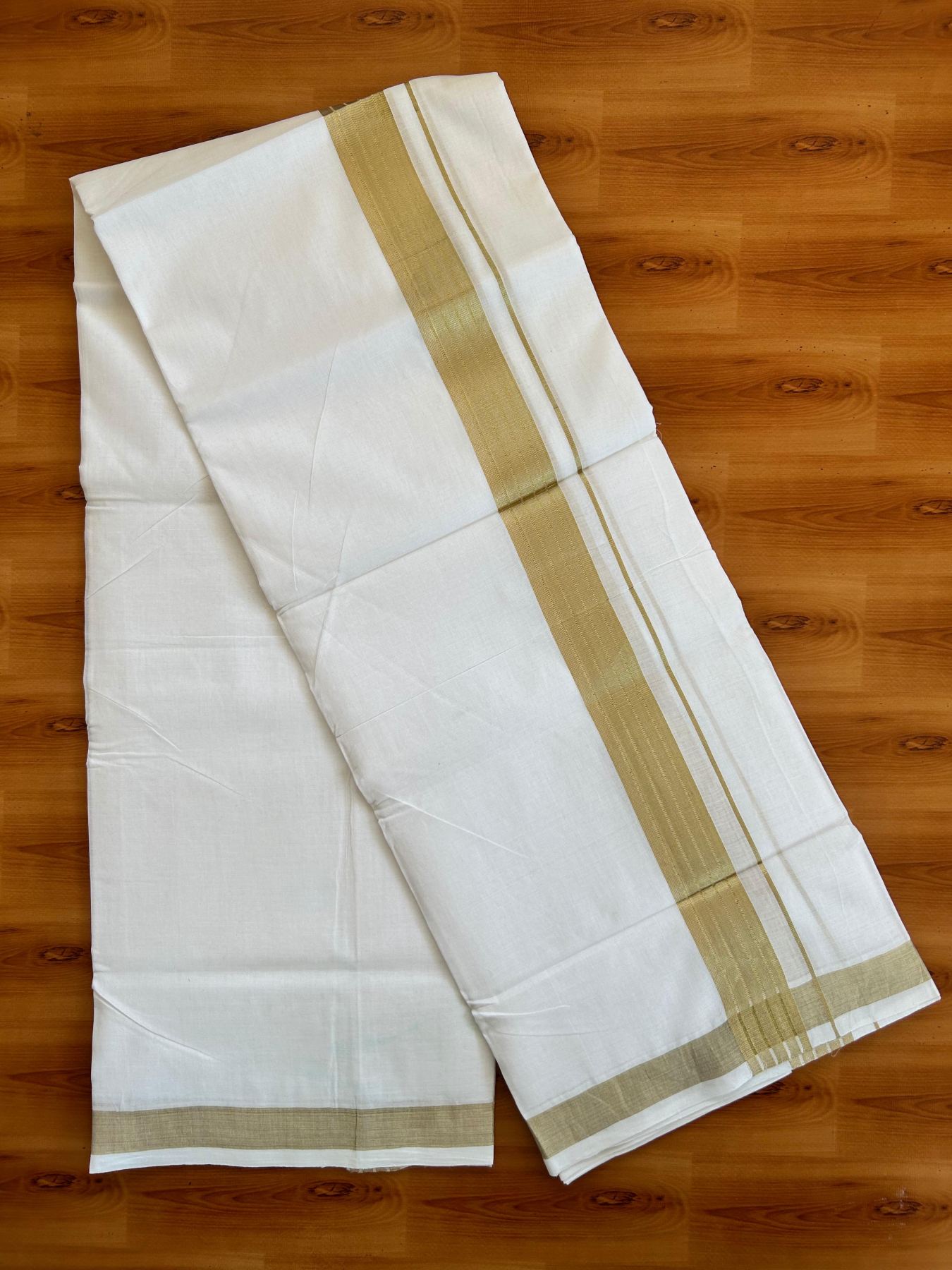 Double Pure White 25% Discount ! KaithariKada Handloom Unakkupaav - Kerala Handloom - 100% Pure Cotton - 100x90 - 1.5 Inch Gold Kasav Striped Kara 3.90 mtr (8.36 Muzham) - 22 KK5496 YAR