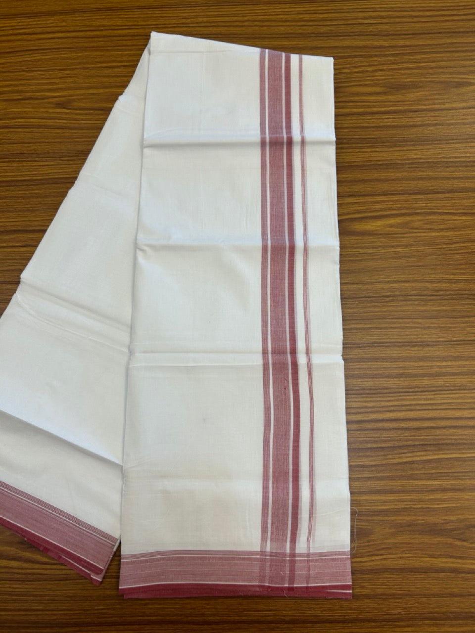 20% Discount ! Kaitharikada Balaramapuram 100% Cotton PURE WHITE Double Mundu/Dothi - 100x80 - 1.5 inch Light Maroon Shaded Striped Kara 3.90 mtr (8 muzham) - 38 KK5294 THI