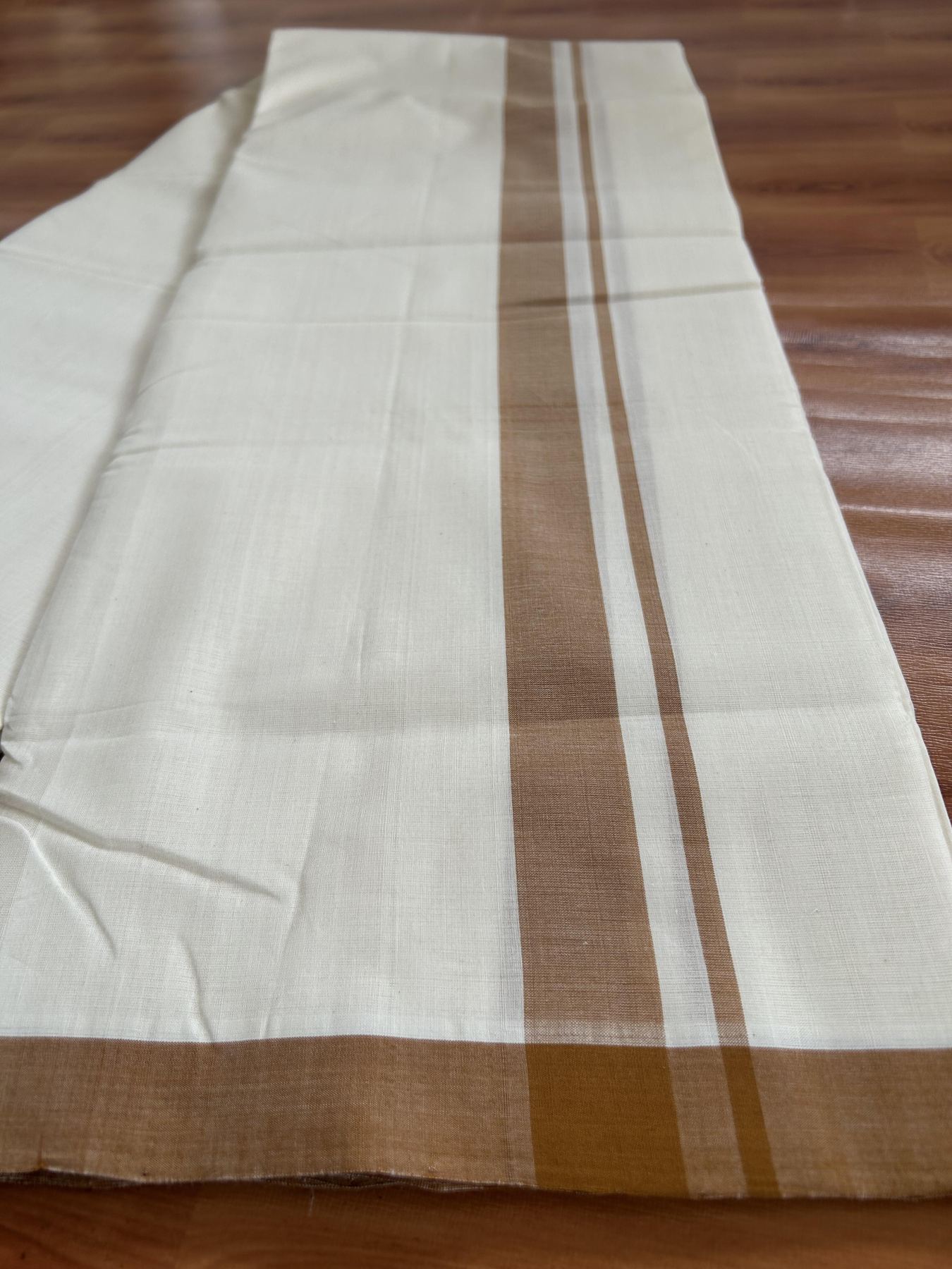 Double Off White (Unbleached) Mundu/Dhoti- 25% Discount! KaithariKada Handloom Millpaav - Kerala Handloom - Cotton - 80x90 - 1 inch Light Brown Mulloth Kara 4 meter (8.5 Muzham) - 8 KK5396 RAM