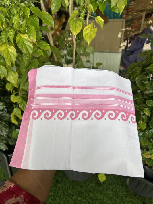 20% Discount ! KaithariKada Balaramapuram Cotton Double Pure white Mundu/Dhoti- 80s - 2.5 inch Baby Pink Printed Shade Stripes Design Kara - 3.65 mtr (8 muzham) - 41 KK5329 GAN