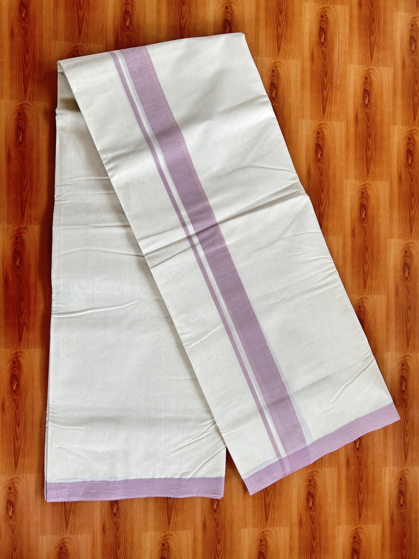Double Off White (Unbleached) Mundu/Dhoti- 25% Discount! KaithariKada Handloom Millpaav - Kerala Handloom - Cotton - 80x90 - 1.25 inch Light Onion Pink Mulloth Kara 4 meter (8.5 Muzham) - 2 KK5396 RAM
